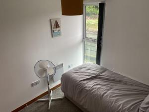 een slaapkamer met een bed, een ventilator en een raam bij Toothbrush Apartments - Nr Train Station in Ipswich