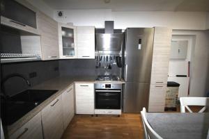 cocina con nevera de acero inoxidable y fogones en Orchidea Apartment en Lublin