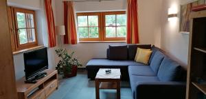 sala de estar con sofá azul y TV en Haus Pichler Apartment, en Collalbo