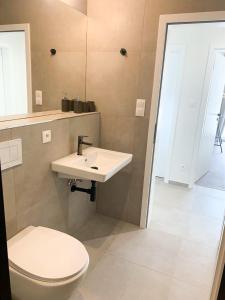 a bathroom with a white toilet and a sink at Prázdninový dům Mikulov in Mikulov