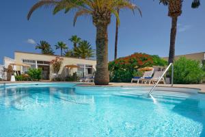 a large swimming pool with palm trees and chairs at Bungalows Granada Beach in Playa del Ingles