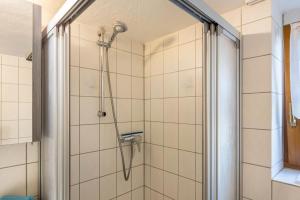 a shower in a bathroom with white tiles at Ferienwohnung Holl-Horn in Gaienhofen +11 photos