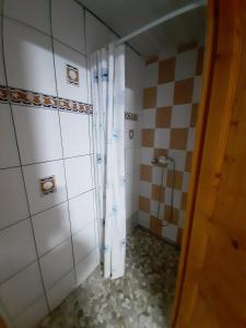 a bathroom with a shower and a tiled floor at GITE AUBERGE EDELWEISS in Seyssel +22 photos