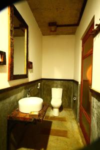 ein Badezimmer mit einem WC, einem Waschbecken und einem Spiegel in der Unterkunft Ella Okreech Cottages in Ella