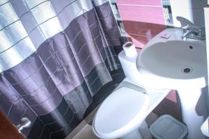 La salle de bains est pourvue de toilettes blanches et d'un lavabo. dans l'établissement Hotel Virgen del Carmen - Huaraz, à Huaraz