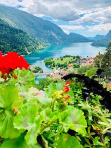 a view of a lake in the mountains with red flowers at Hotel Aurora in Molveno