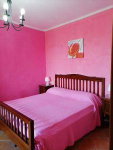 een slaapkamer met roze muren en een groot bed bij La Vecchia Casa in San Mauro Cilento