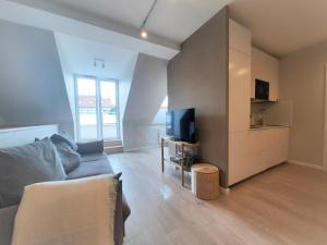 salon z kanapą i telewizorem w obiekcie PLUSK Apartments Mrągowo w mieście Mrągowo