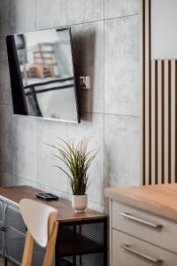 - un bureau avec une plante en pot dans la chambre dans l'établissement Shipyard Gdańsk Apartment - free private parking, à Gdańsk