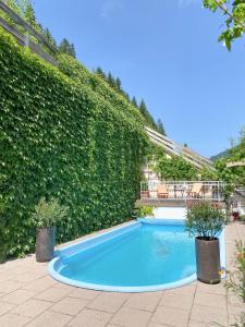 a swimming pool in front of a green hedge at Apart Fortuna in See