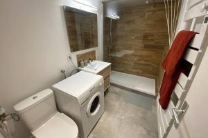 La salle de bains est pourvue de toilettes, d'un lavabo et d'une douche. dans l'établissement Place de Metz, Hyper-centre Grenoble, Studio 25 m2, à Grenoble