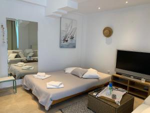 a living room with two beds and a flat screen tv at Swash & Ripple Studio by the sea in Mytikas