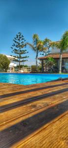 - une vue sur une piscine bordée d'arbres et une maison dans l'établissement TERRAMARE PUNTA BRACCETTO, à Punta Braccetto