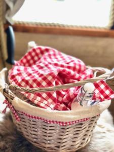 a basket with a red and white checkered towel at Eventyrhyttene i Jotunheimen in Stuttgongfossen