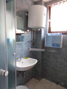 a bathroom with a sink and a toilet and a mirror at Apartment in Valbandon/Istrien 8608 in Štinjan