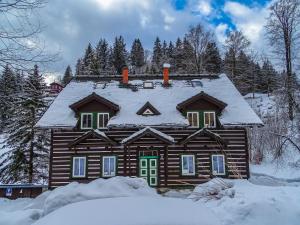 ヤンスケー・ラーズニェにあるPenzion Zelené Údolíの屋根に雪が積もった木造家屋