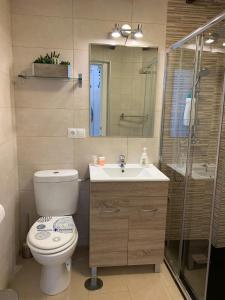 łazienka z toaletą, umywalką i prysznicem w obiekcie Apartament Benalmadena Puerto Marina w mieście Benalmádena +29 zdjęć