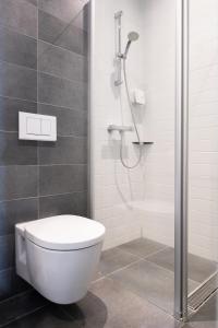 a bathroom with a white toilet and a shower at Hotel Hulsman in Venray
