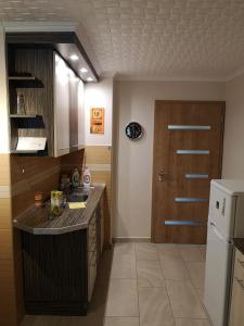 cocina con encimera, nevera y puerta en Relax Apartman, en Balatonmáriafürdő