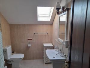 a bathroom with a toilet and a sink and a window at Pensiunea Obcina Mare in Cacica +78 photos
