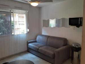 a living room with a couch and a tv at Studio Bord De Mer Nice Ouest in Nice