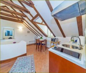 uma cozinha com um lavatório e uma mesa com cadeiras em Apartments Vi-La em Dubrovnik