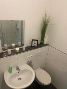 a bathroom with a sink and a toilet and a mirror at Ferienwohnung Robbe in Wilhelmshaven +7 photos