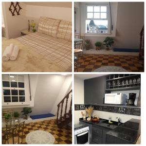 quatro imagens diferentes de uma cozinha e um quarto em Apartamento Temporada Palácio Quitandinha em Petrópolis RJ em Petrópolis