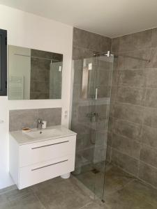 a bathroom with a sink and a shower at DOMAINE NAPOLEON CORSICA FIGARI in Figari +38 photos