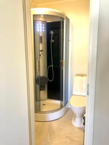 a bathroom with a shower with a toilet in it at Captains House - Kaptenimaja - Officers deck in Kärdla