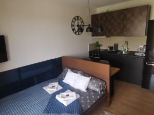 Cette petite chambre comprend un lit et une cuisine. dans l'établissement Apartament Centrum Bocian, à Białystok