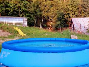 a large blue trampoline in a yard at Penzion Lumis in Nová Role