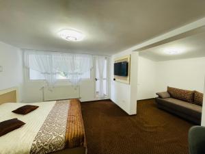 - une chambre avec un lit, un canapé et une télévision dans l'établissement Pensiunea Sport, à Buşteni