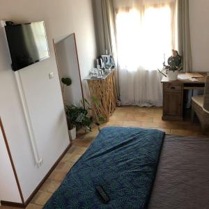 - un salon avec un réfrigérateur et un tapis bleu dans l'établissement Nico Zen Home, à Vendargues