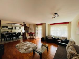 a living room with a couch and a table at Apartament ExtraLarge in Buşteni