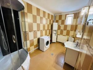 a bathroom with a shower and a sink and a washing machine at Apartament ExtraLarge in Buşteni +11 photos