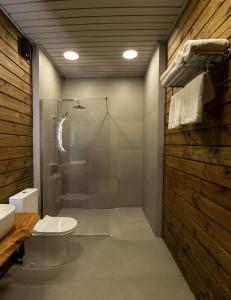 a bathroom with a shower and a toilet and a sink at Abna Hotel in Pizunda