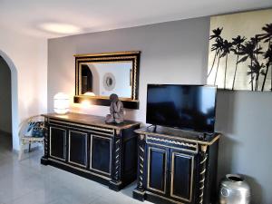 a living room with a flat screen tv on a cabinet at Appartement rdc pieds dans l'eau in Sète