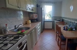 a kitchen with a sink and a stove top oven at Mieszkanie w Giżycku in Giżycko