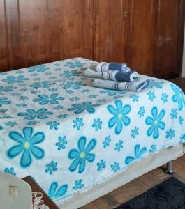 uma cama com flores azuis em cima em Apartamento no centro em São Lourenço