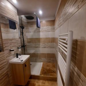 ein Bad mit einem Waschbecken und einer Dusche mit einer Badewanne in der Unterkunft Le gîte Calluna in Sablet