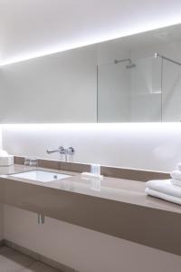 een badkamer met een wastafel en een spiegel bij Schaluinenhoeve in Baarle-Nassau