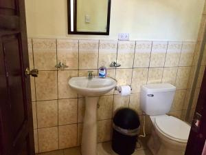 a bathroom with a sink and a toilet and a mirror at Casa Lula León Hostal in León +60 photos