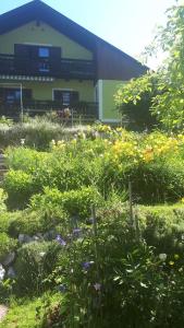 a garden with flowers in front of a building at Haus Pilz in Obertraun