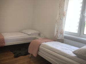 a bedroom with two beds and a window at Apartament Wielbark Królowej Jadwigi 4m2 in Wielbark