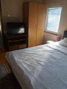 a bedroom with a bed and a flat screen tv at Apartman Mila i Kaja in Nikšić