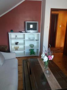 a living room with a tv and a table with flowers at Apartman Mila i Kaja in Nikšić