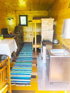 uma cozinha com um fogão e um lavatório numa cabina em La Container em Curtea de Argeş