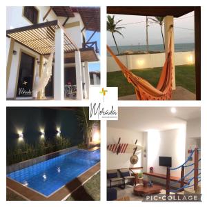 een collage van foto's van een huis met een zwembad en een hangmat bij Morada dos Cataventos (Frente Mar) in Barra de Camaratuba
