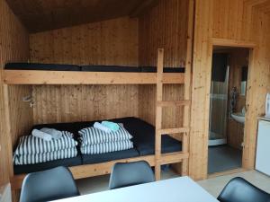 2 Etagenbetten in einem Holzzimmer mit Stühlen in der Unterkunft Rjúpnavellir in Rjúpnavellir